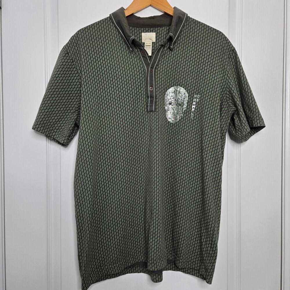Diesel Polo Men's XXL Button Down Collared Brown Green Skeleton Metallic Patch